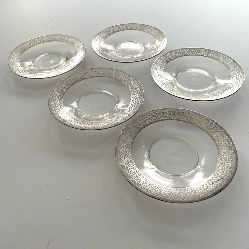 Five Vintage Clear Glass Sterling Silver Lace Overlay Bread Plates